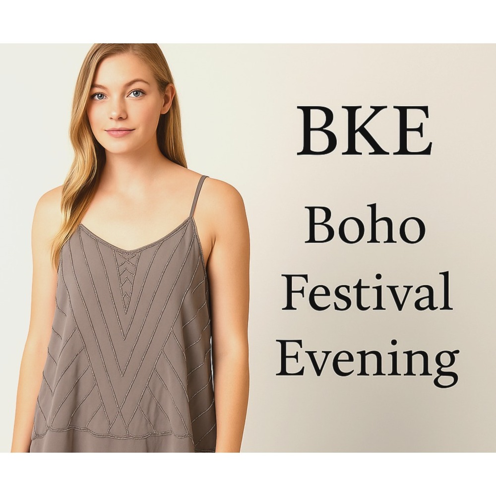 BKE Boutique Women's L Beaded Boho Tank Top‎ Gray Silver Beading Evening Chic